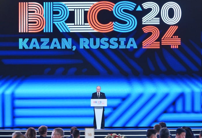 President of Russia Vladimir Putin addresses the official reception of the 16th BRICS Summit