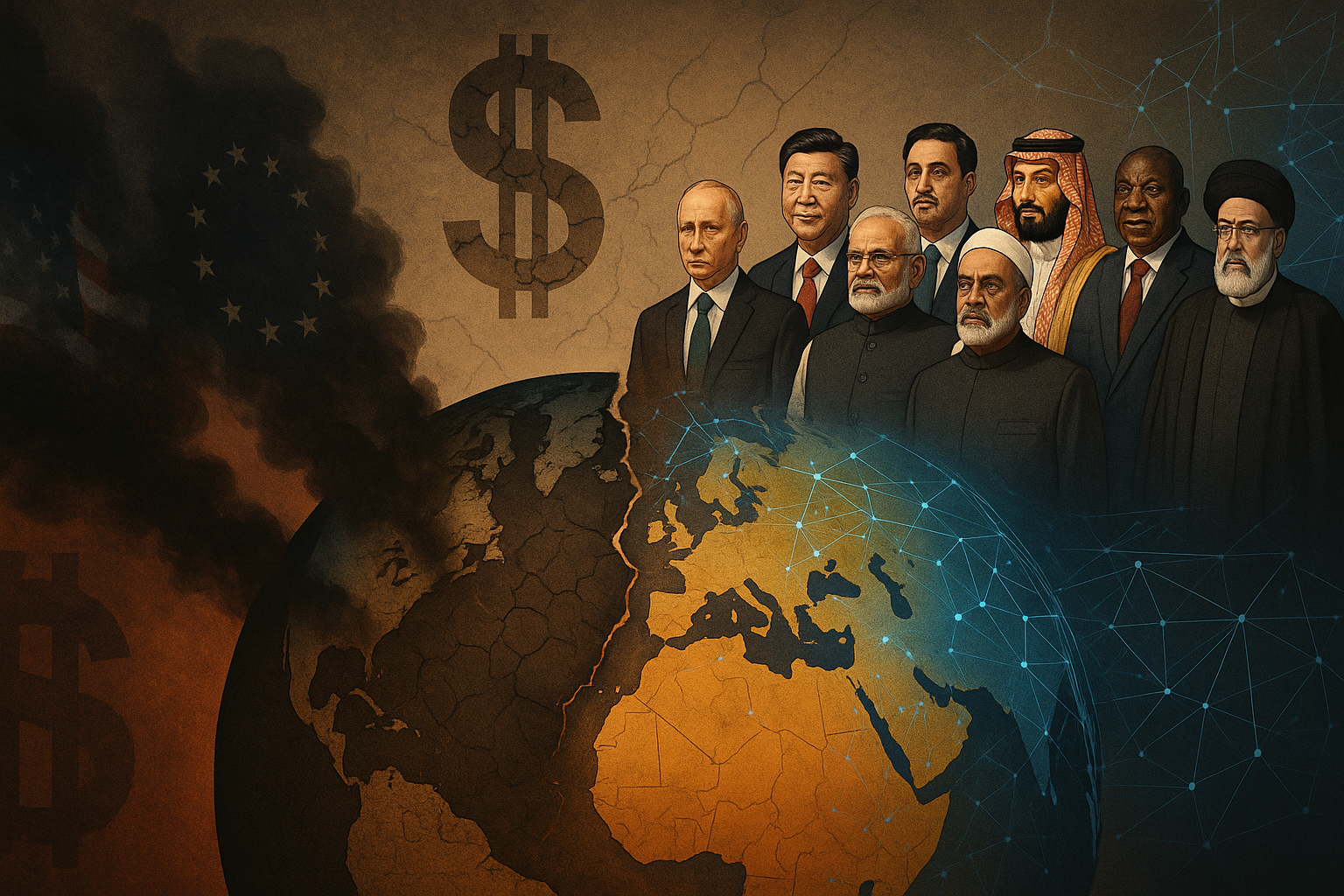 BRICS+ leaders, global power shift, de-dollarization, crumbling dollar, fading US EU influence, Xi Jinping, Vladimir Putin, Narendra Modi, Iran Saudi alliance, multipolar world, post-Western era, geopolitical realignment, digital trade networks, civilizational bloc, BRICS summit illustration, collapsing Western dominance, global south rising, alternative world order