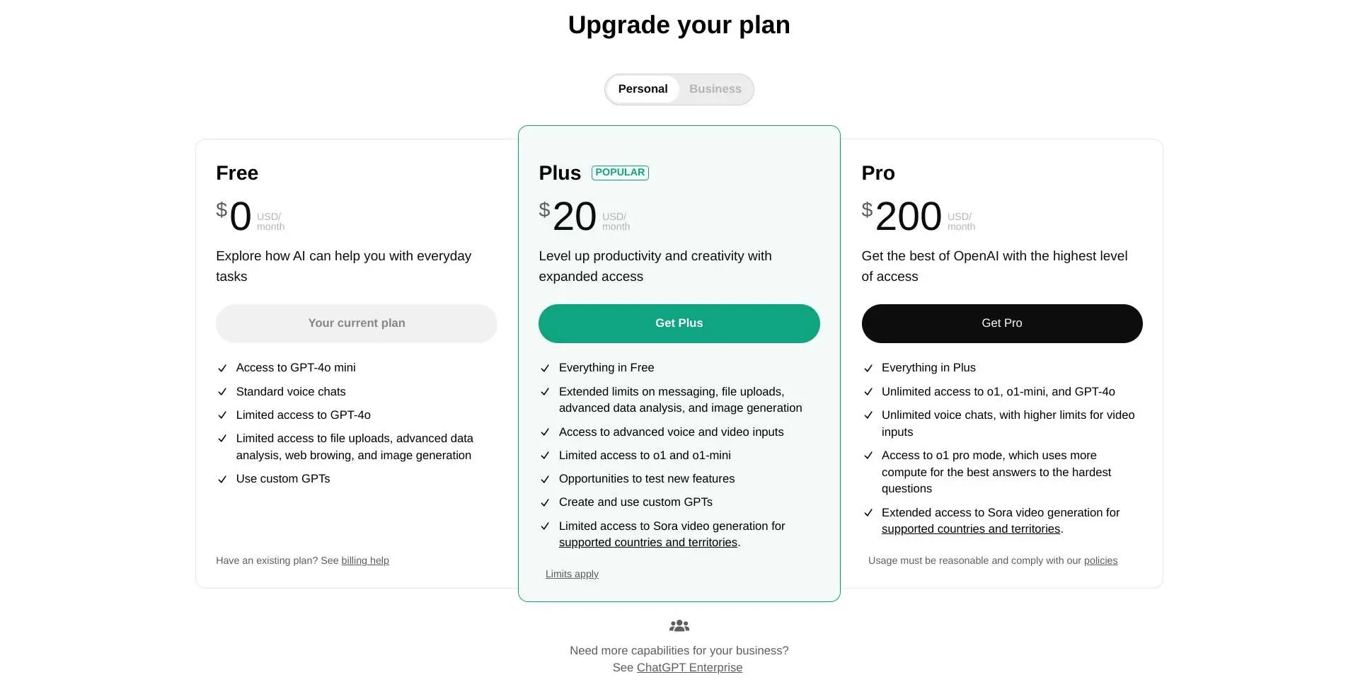 ChatGPT free vs Plus vs Pro subscription comparison chart