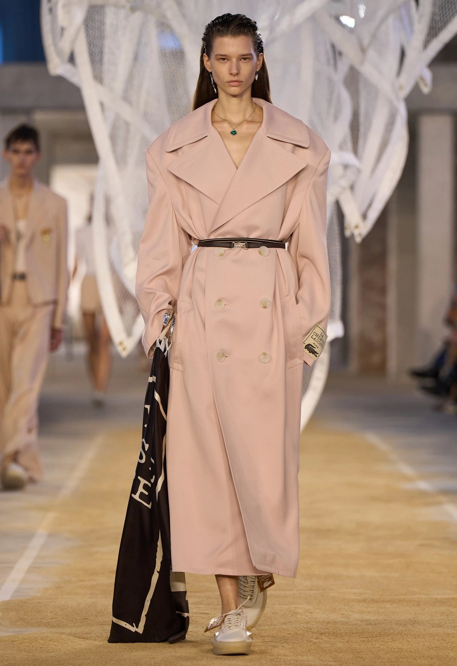 Cropped trench in remixed Burberry check with slim tailoring at London Fashion Week