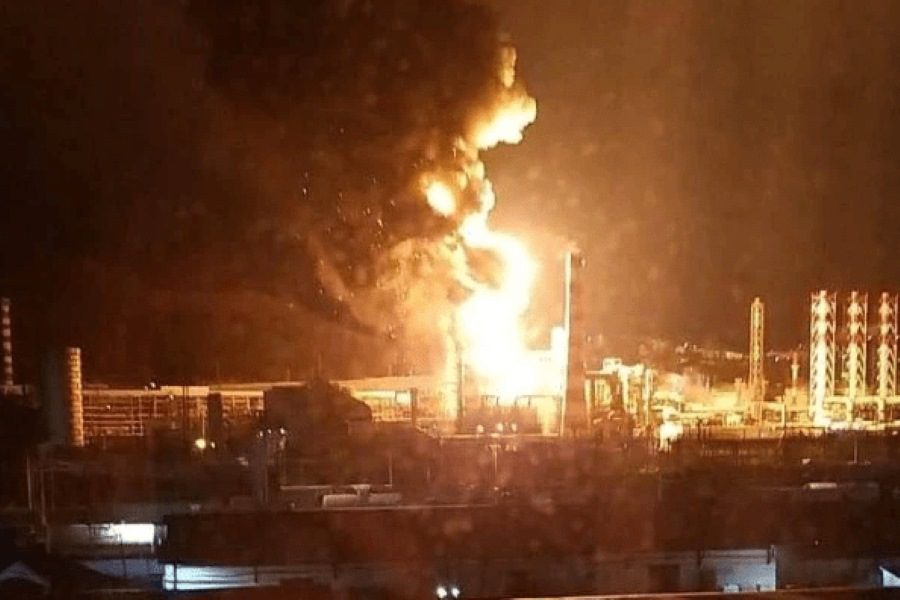 Flames and smoke rise from the Afipsky oil refinery in Russia’s Krasnodar region after a reported Ukrainian strike.