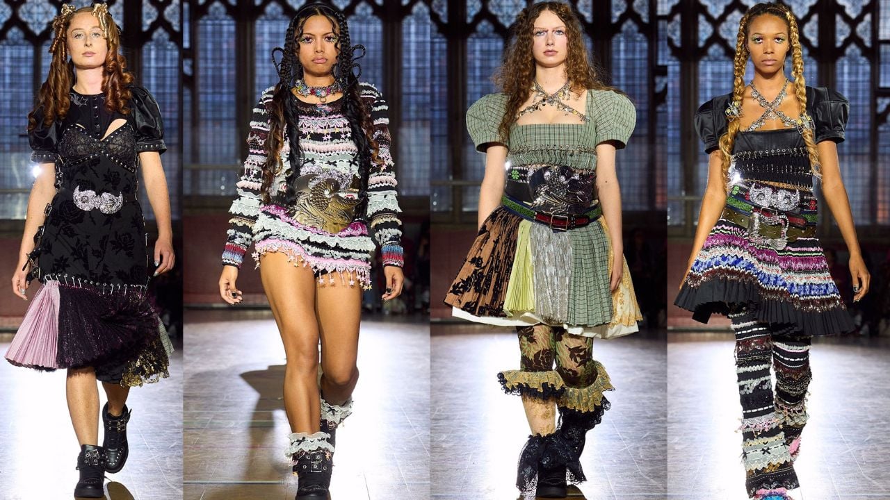 Model wearing foam-finger or mascot-textured elements at Chopova Lowena Spring 2026