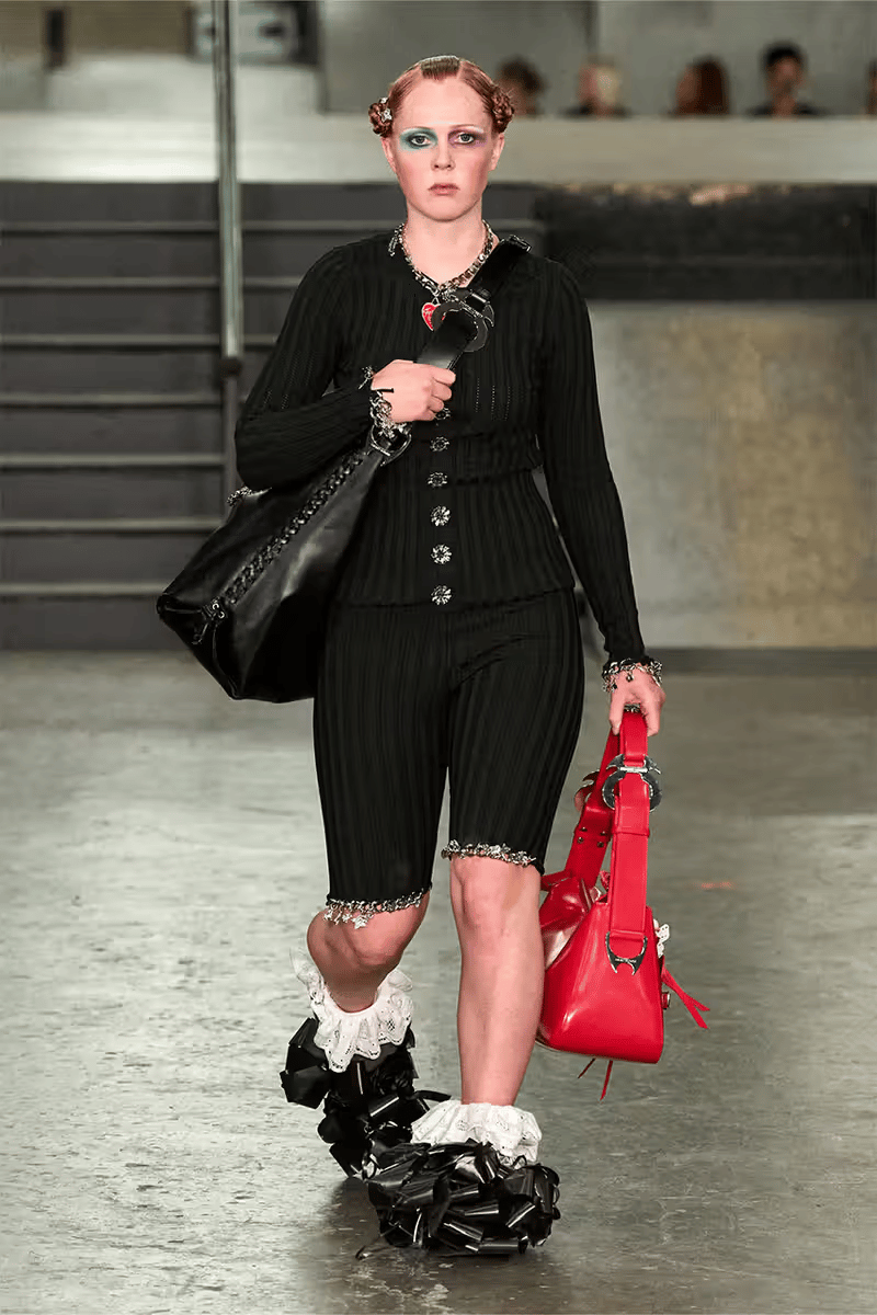 Boxy shoulder bag with carabiner and strap hardware from Chopova Lowena Spring 2026
