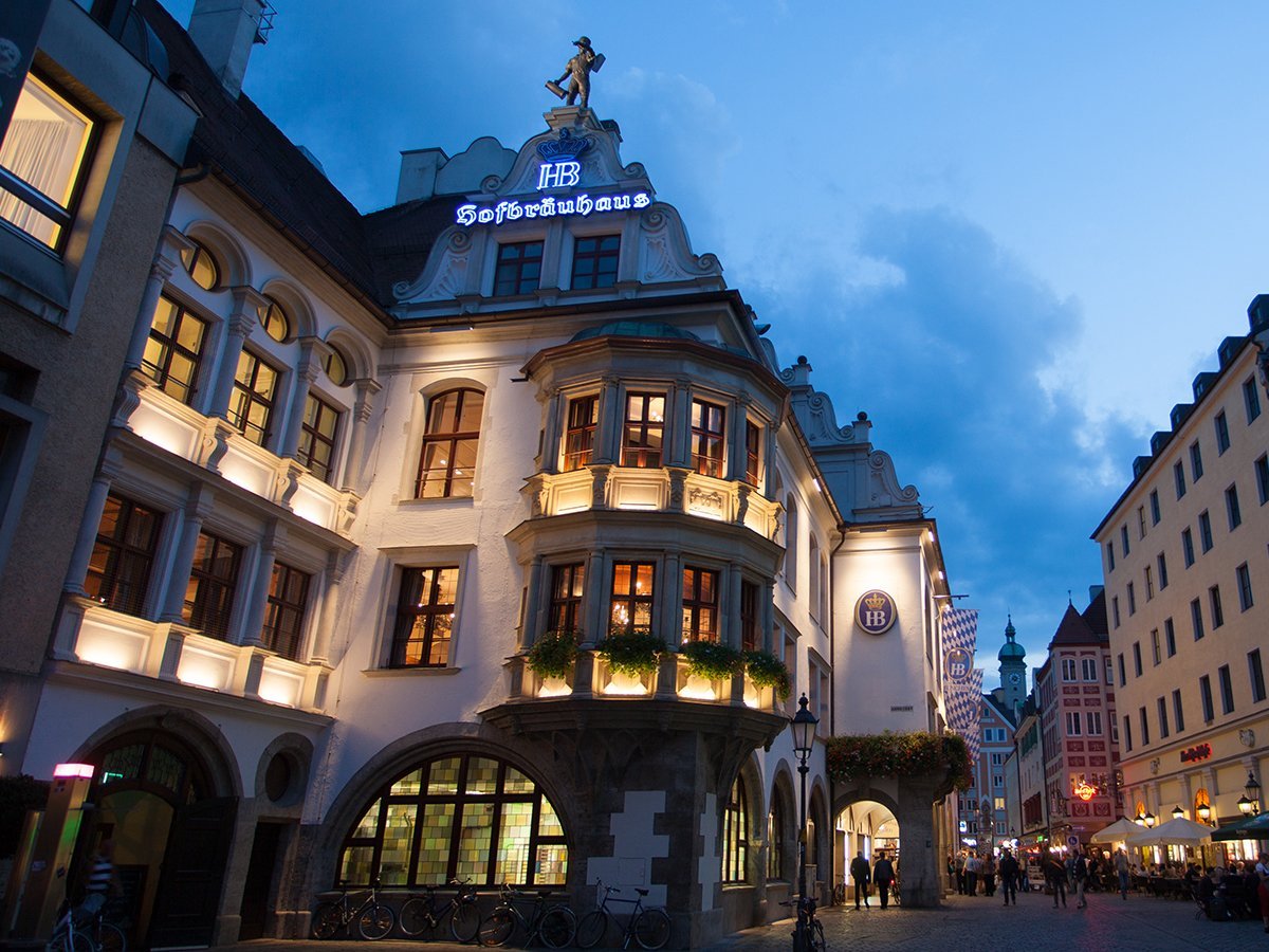 Hofbräuhaus Munich exterior at night before Oktoberfest