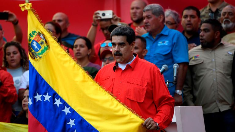 Nicolás Maduro addressing supporters in Caracas against US aggression