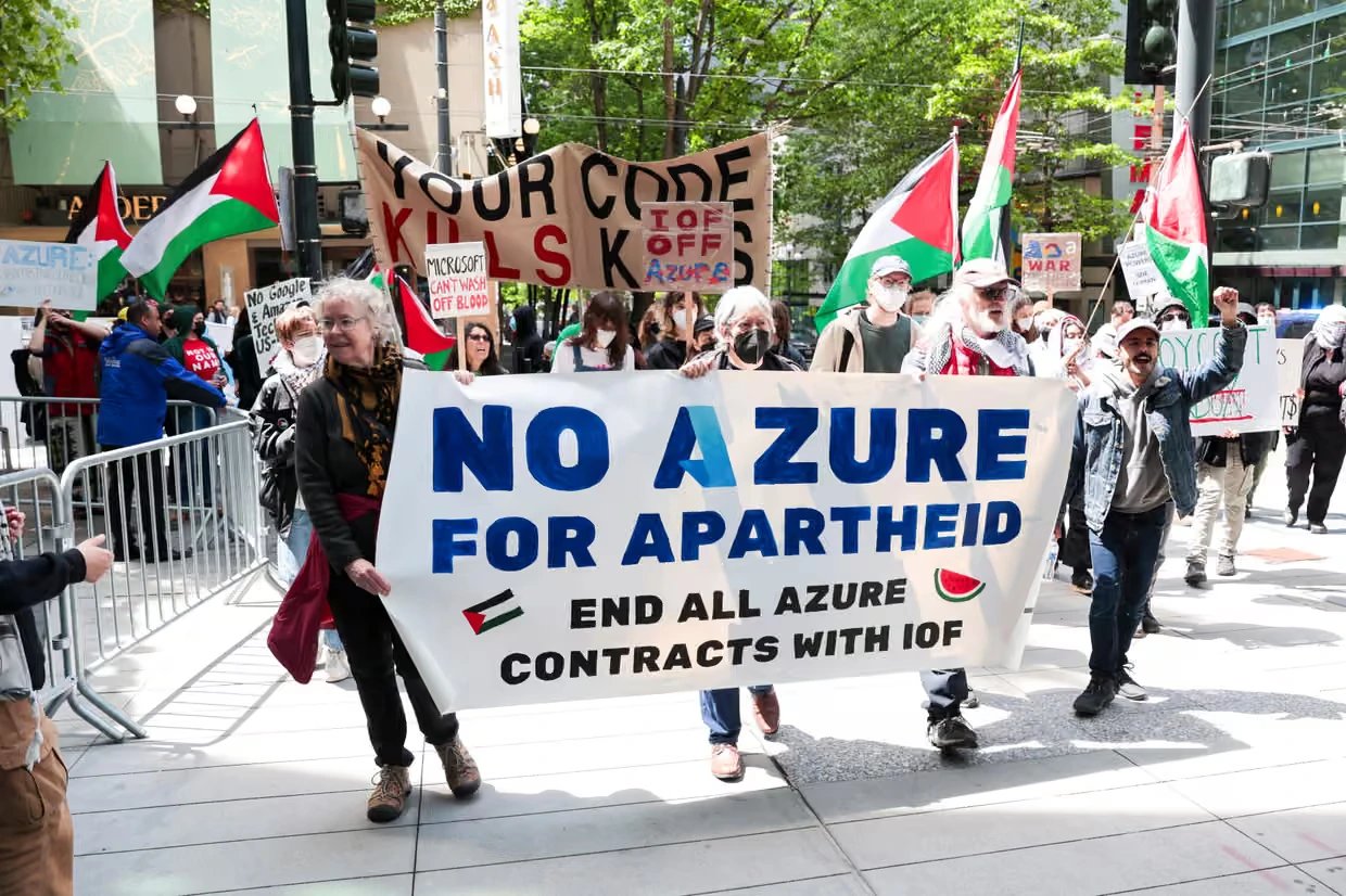 Protesters outside Microsoft campus hold signs reading No Azure For Apartheid