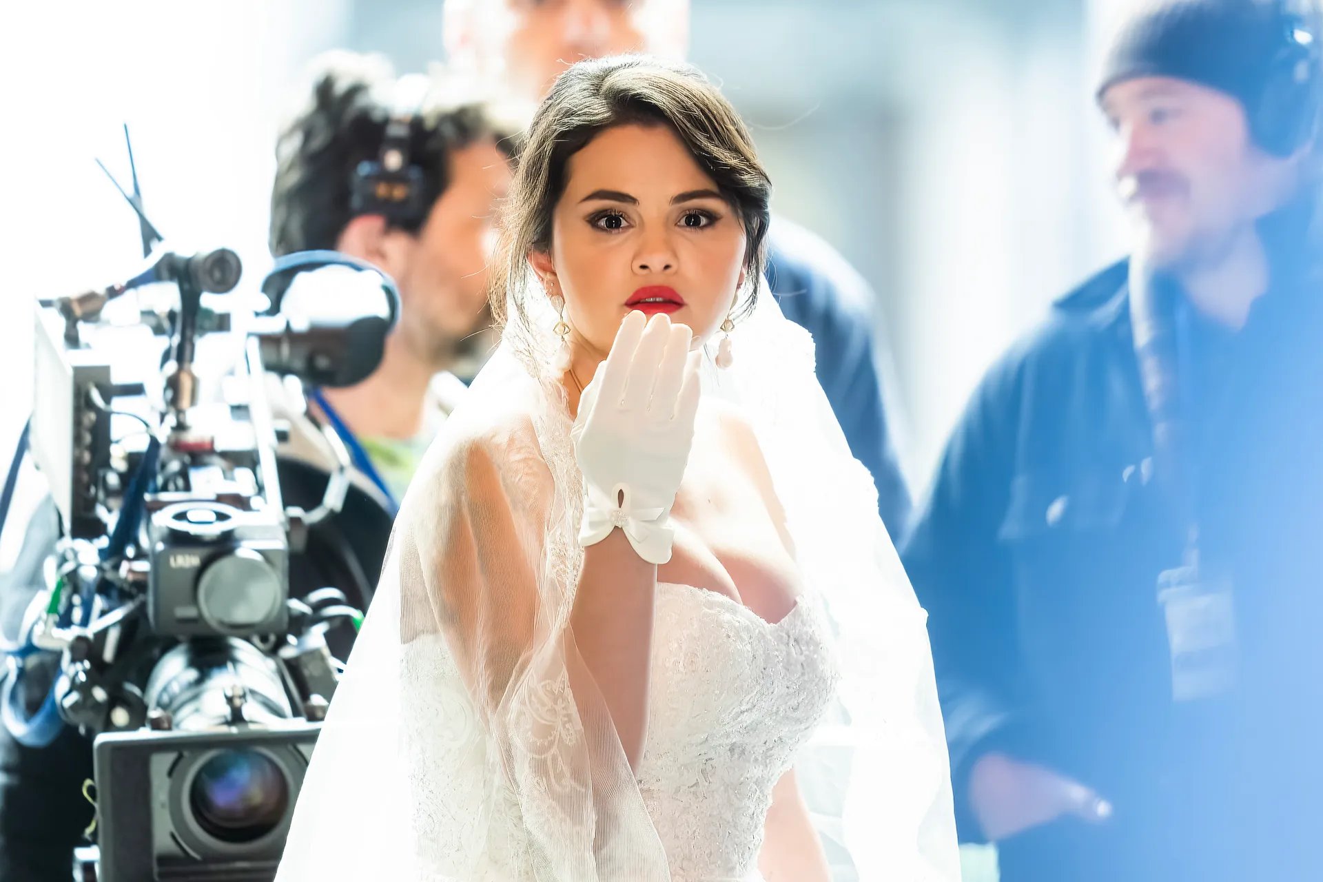 Close-up of Selena Gomez’s custom halter wedding dress with floral appliqué