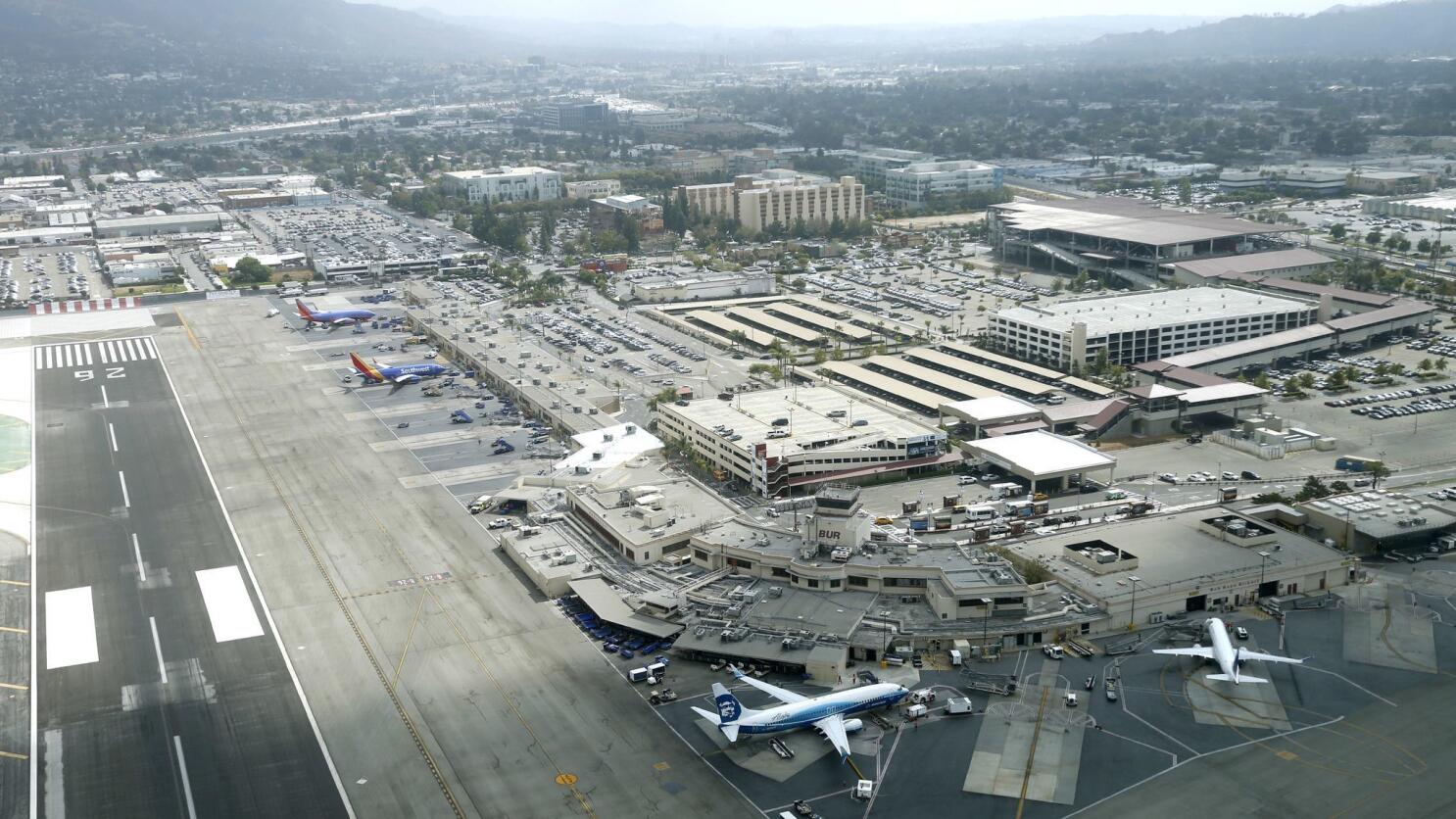 Aerial view of Hollywood Burbank Airport apron, gates, and runways