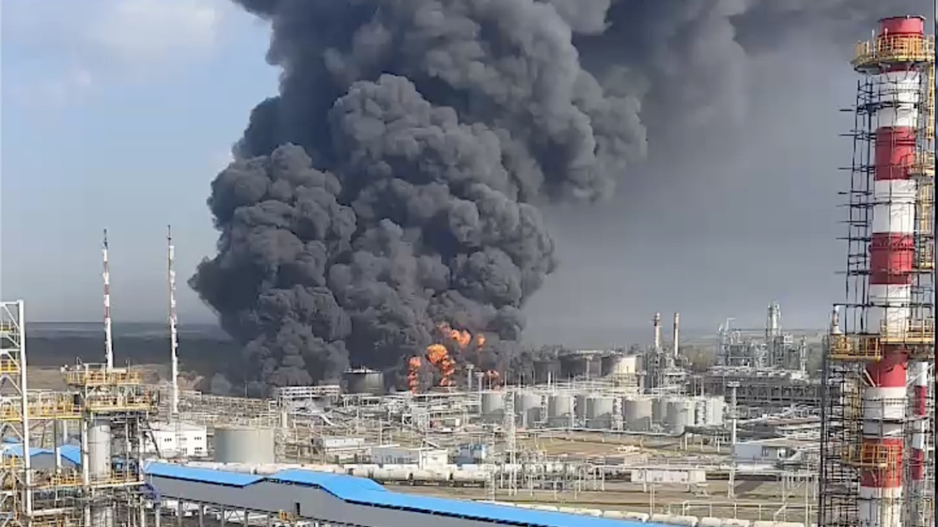 Flames at Rosneft’s Ryazan oil refinery after a reported drone strike on Oct. 24, 2025