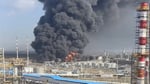 Flames at Rosneft’s Ryazan oil refinery after a reported drone strike on Oct. 24, 2025