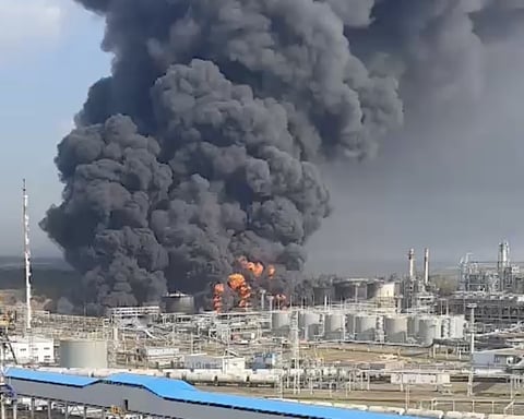 Flames at Rosneft’s Ryazan oil refinery after a reported drone strike on Oct. 24, 2025