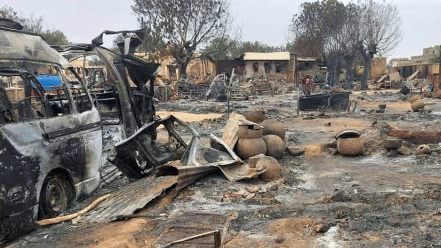 Damaged buildings and streets in El Fasher, Sudan after RSF occupation