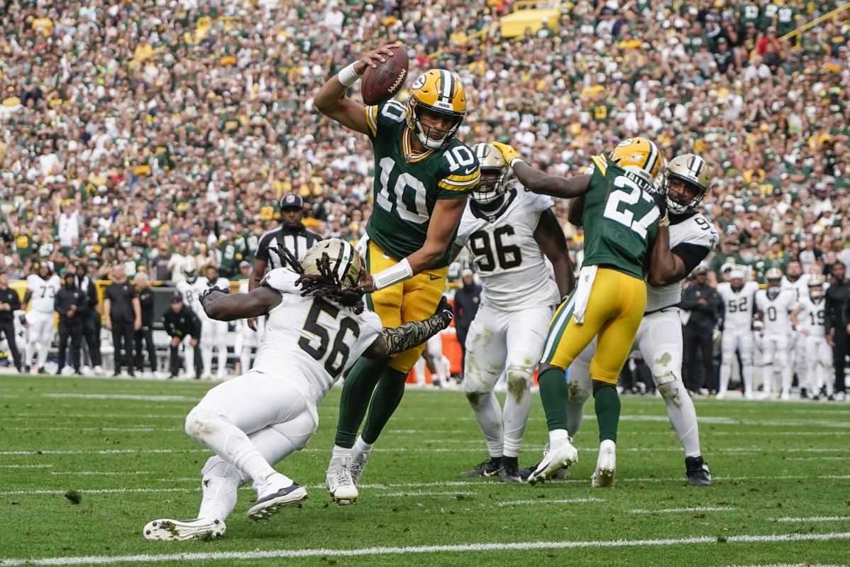 Jordan Love Green Bay Packers quarterback under pressure during Week 9 loss to Carolina Panthers at Lambeau Field