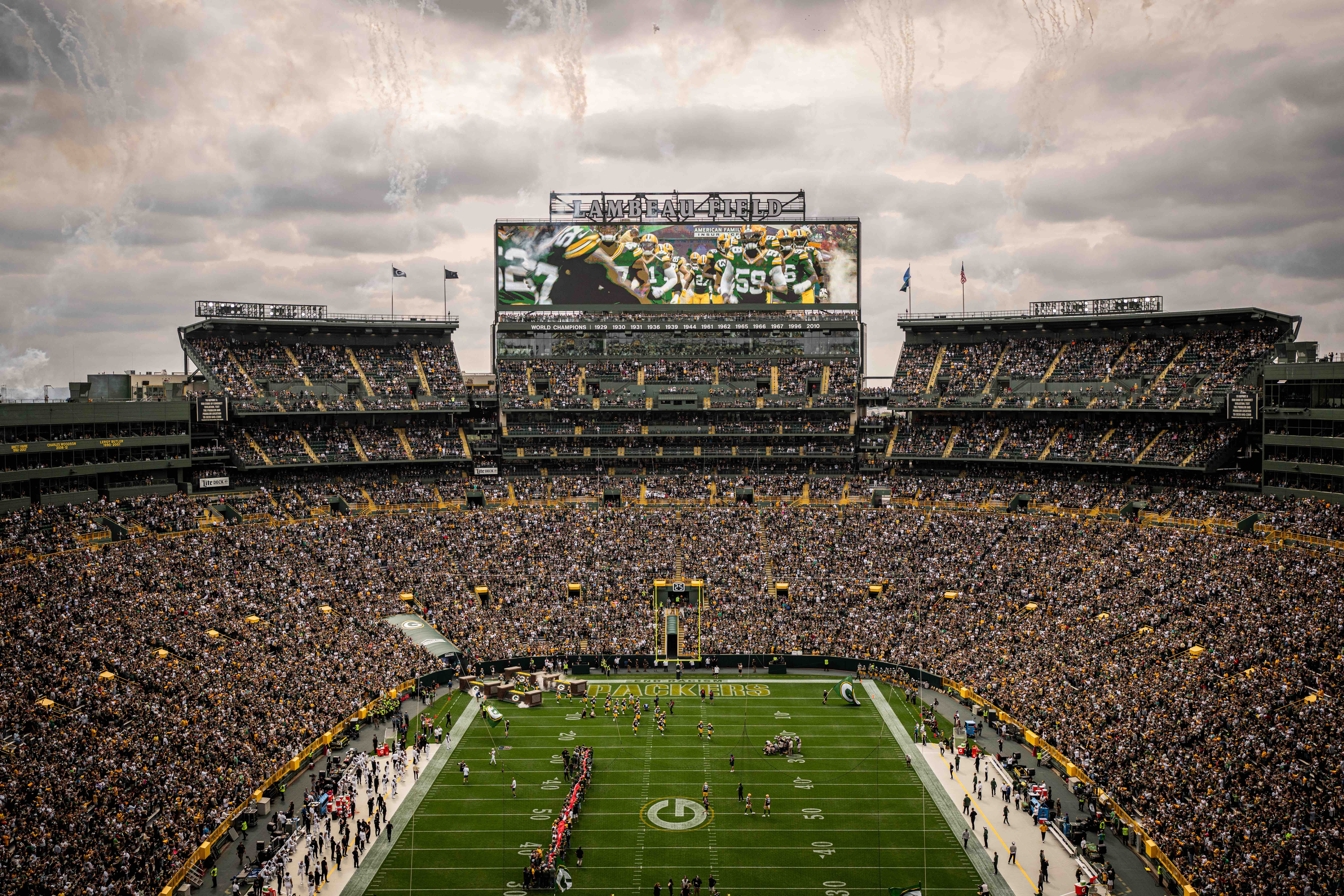 Lambeau Field packed stadium atmosphere Green Bay Packers Monday Night Football game crowd