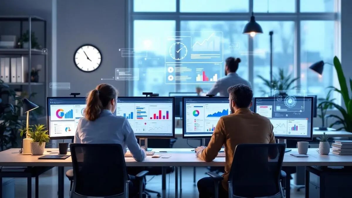 UK office workers with AI technology overlay representing workforce transformation and pay rise concerns