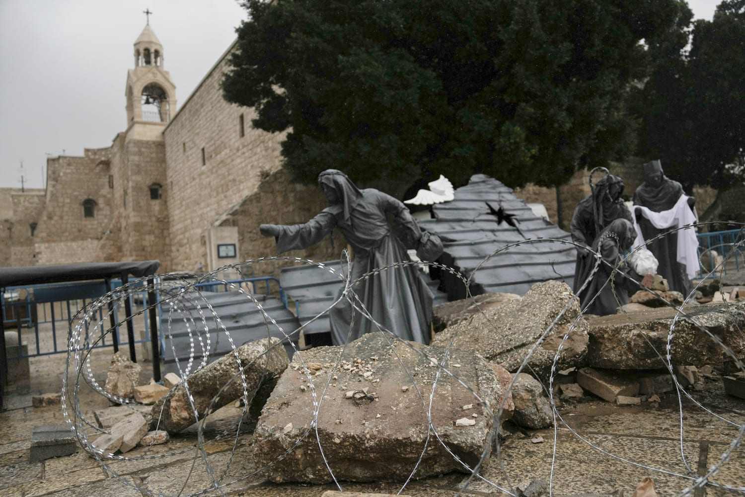 Empty Manger Square in Bethlehem showing cancelled Christmas celebrations as Palestinian Christians face existential threat from Israeli settlements