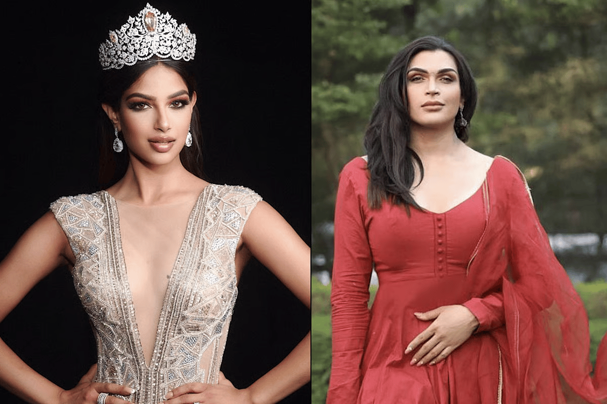 Harnaaz Sandhu wearing the Miss Universe 2021 winning gown designed by transgender fashion designer Saisha Shinde, featuring hand-stitched Swarovski crystals and sustainable design
