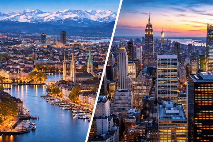 Zurich and New York City skylines illustrating global cost of living differences in 2026