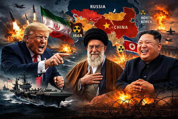 Donald Trump angry while Ayatollah Khamenei smiles and Kim Jong Un laughs in front of Asia nuclear map illustration