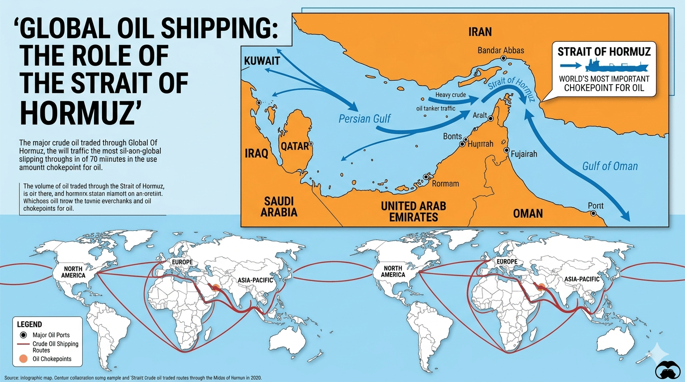 Map showing Strait of Hormuz oil shipping route during Iran war