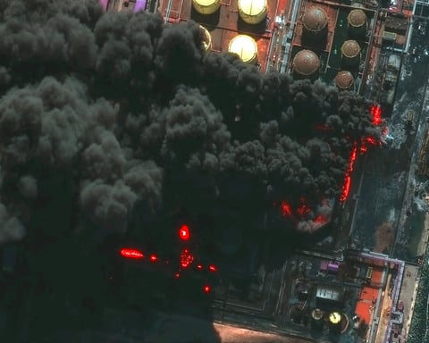 Ukrainian drone strike hits Russia Ust-Luga oil port with smoke rising from storage tanks