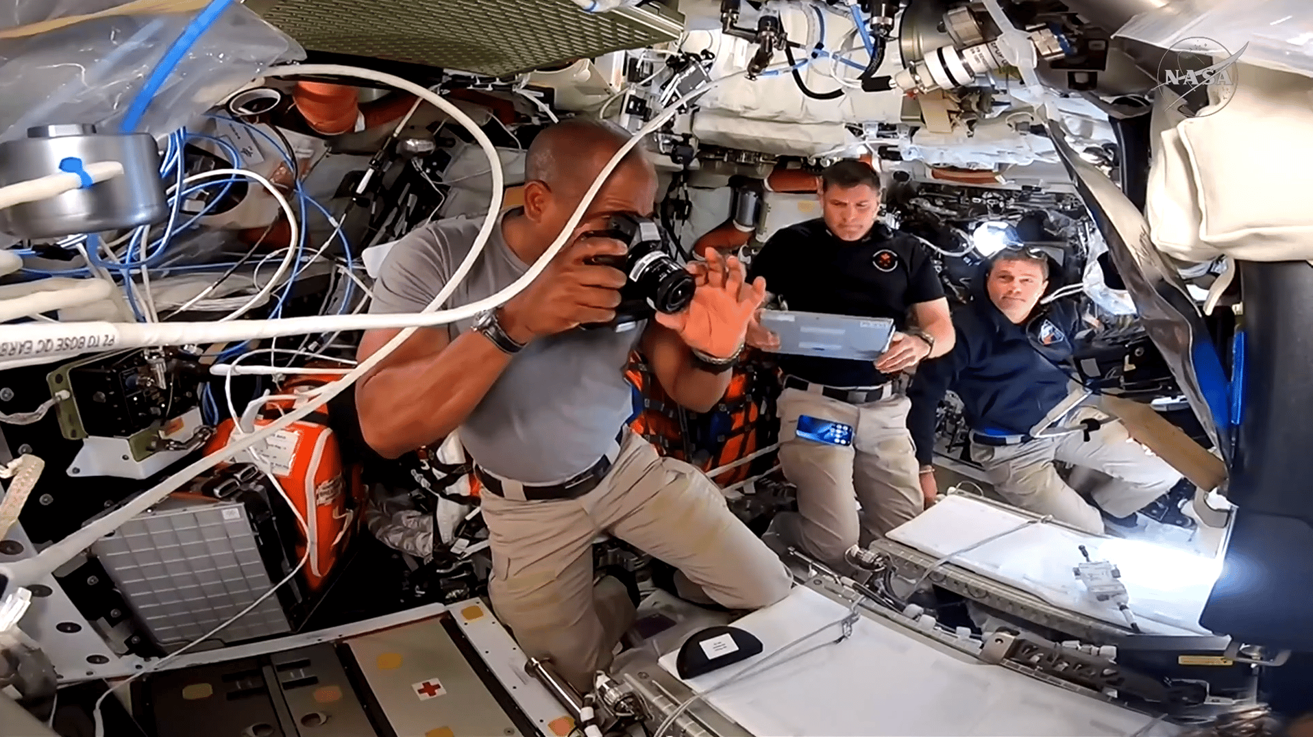 Artemis II astronauts inside Orion spacecraft during deep space mission