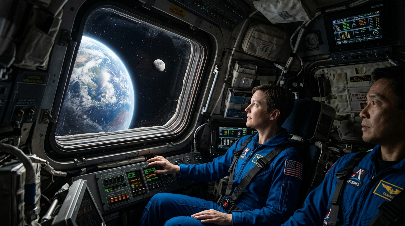 Jeremy Hansen viewing Earth and the Moon from Orion spacecraft during Artemis II mission deep space flyby