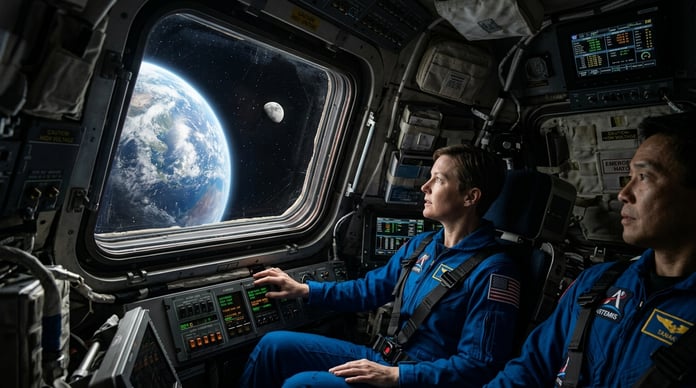 Jeremy Hansen viewing Earth and the Moon from Orion spacecraft during Artemis II mission deep space flyby