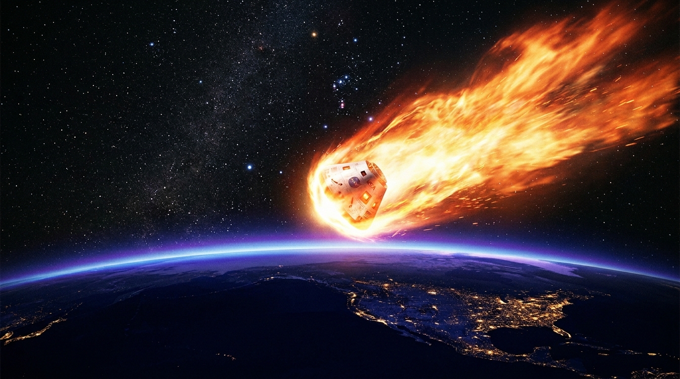 Orion spacecraft during Artemis II reentry glowing with plasma heat shield over Earth