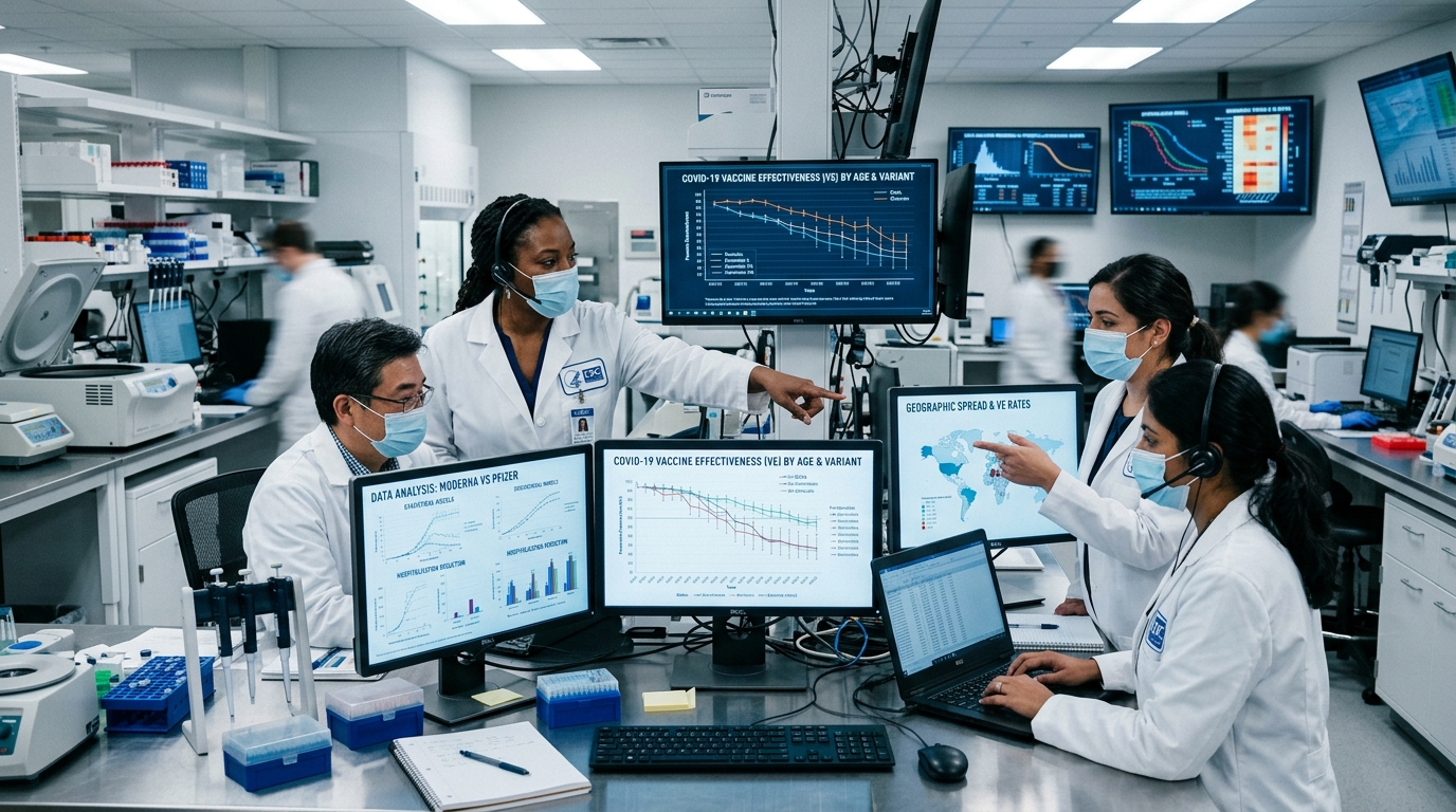 Scientists analyzing COVID vaccine effectiveness data inside CDC laboratory