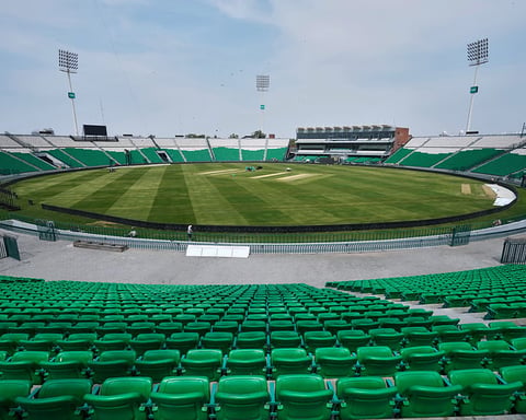 Empty stands at Gaddafi Stadium in Lahore during a PSL 2026 match between Lahore Qalandars and Hyderabad Kingsmen, March 26, 2026.