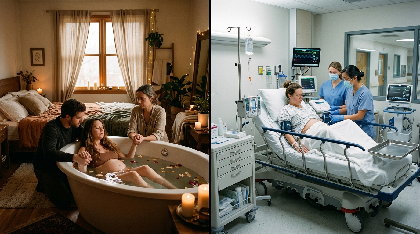 Visual contrast between home birth and hospital maternity care