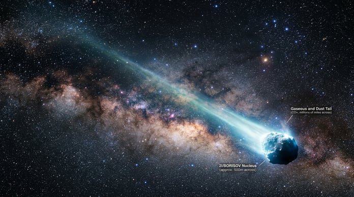 Interstellar comet 3I ATLAS traveling through deep space with glowing tail