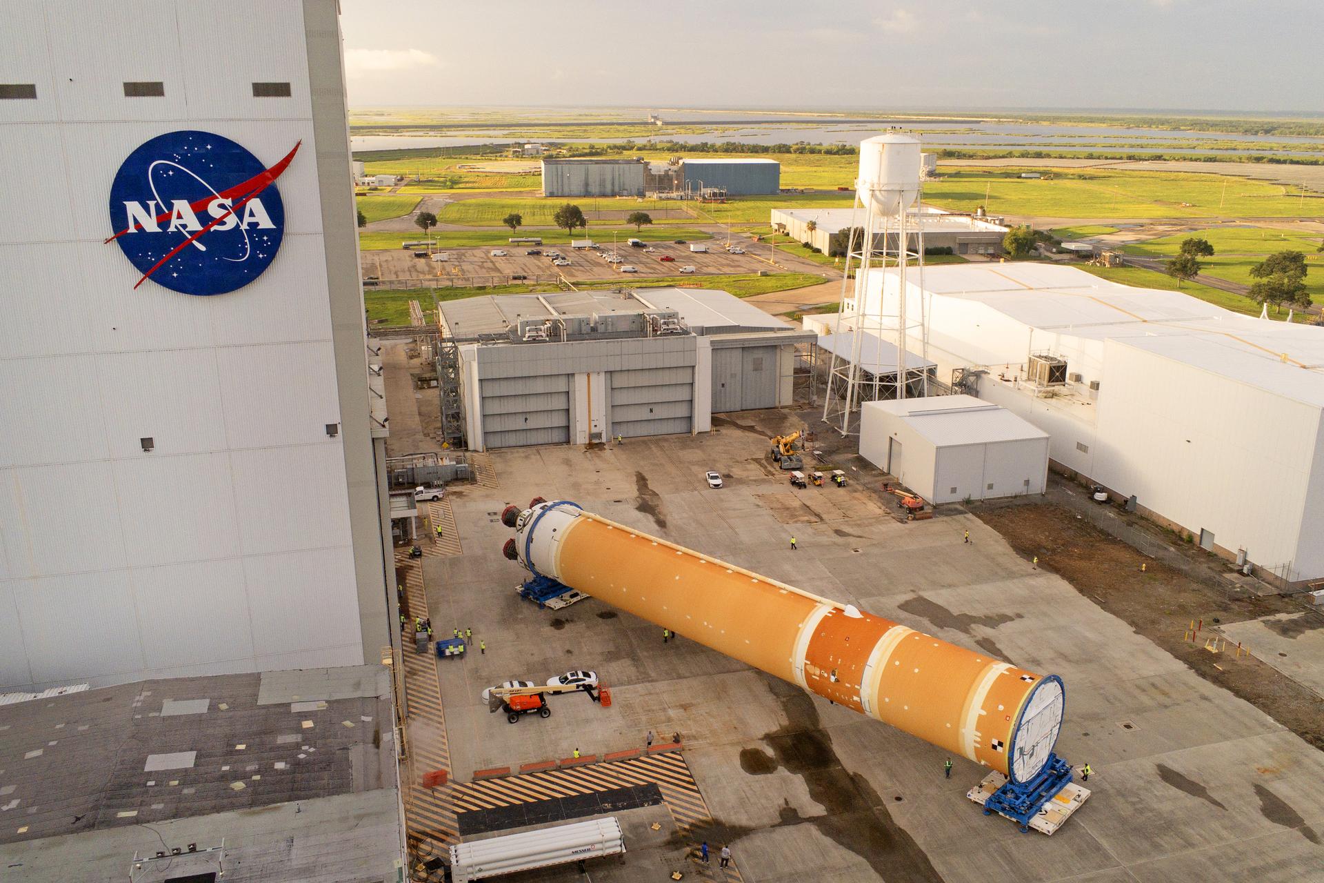 NASA engineers working on Artemis III SLS core stage inside Michoud Assembly Facility