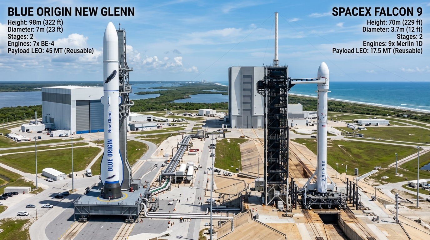 Comparison of Blue Origin New Glenn and SpaceX Falcon 9 reusable rockets