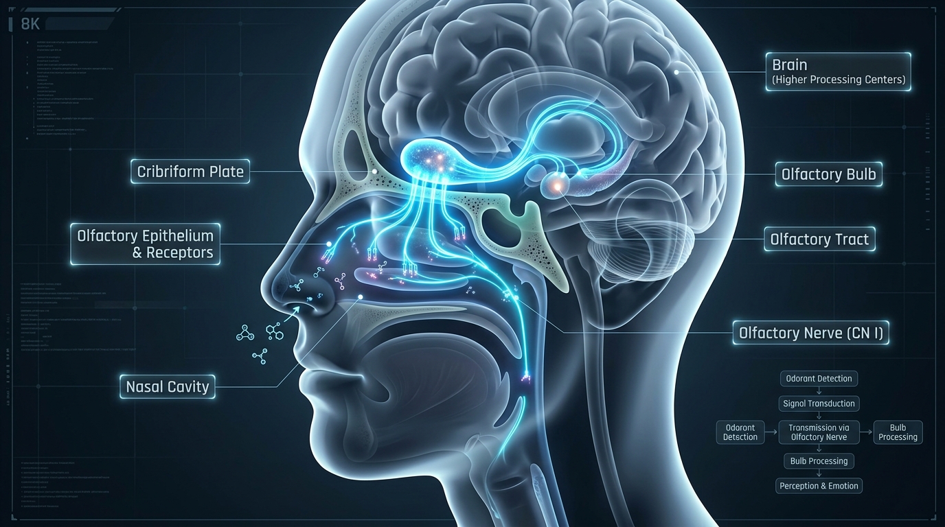 Diagram of olfactory pathway from nose receptors to brain olfactory bulb