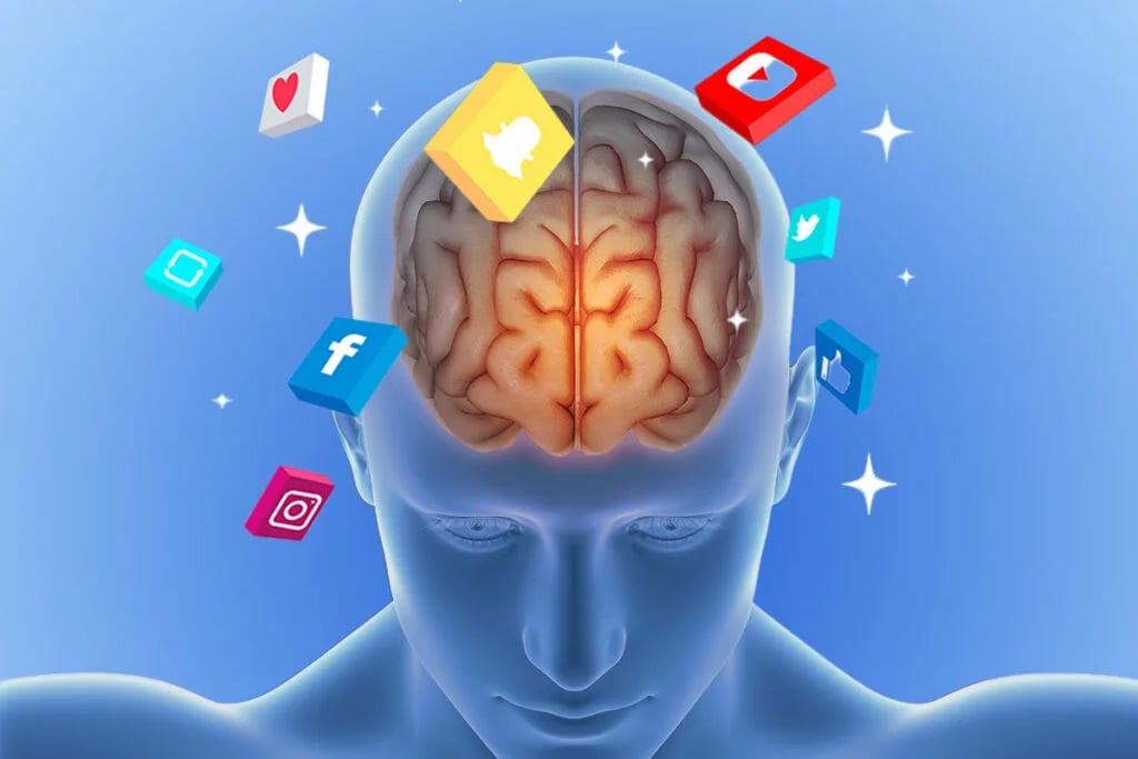Brain illustration showing dopamine response from social media use