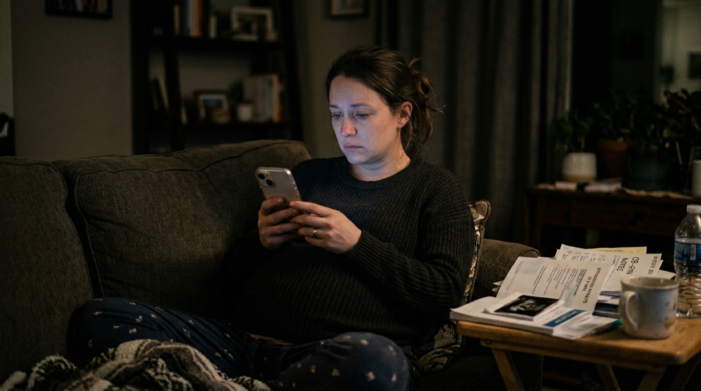 Pregnant woman influenced by online childbirth content on smartphone