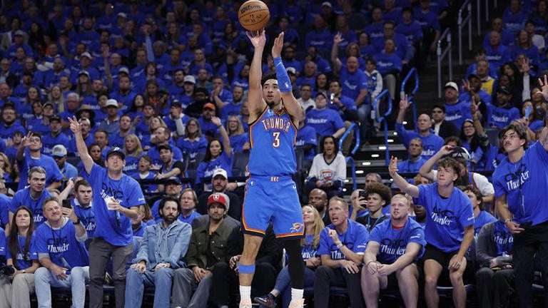 Ajay Mitchell attacks the Lakers defense during Oklahoma City Thunder playoff win
