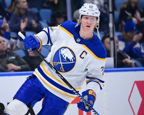 Rasmus Dahlin celebrates during Buffalo Sabres Game 6 win over Montreal Canadiens in the 2026 Stanley Cup Playoffs