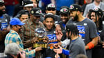 Jalen Brunson celebrates after leading the New York Knicks to the NBA Finals in 2026