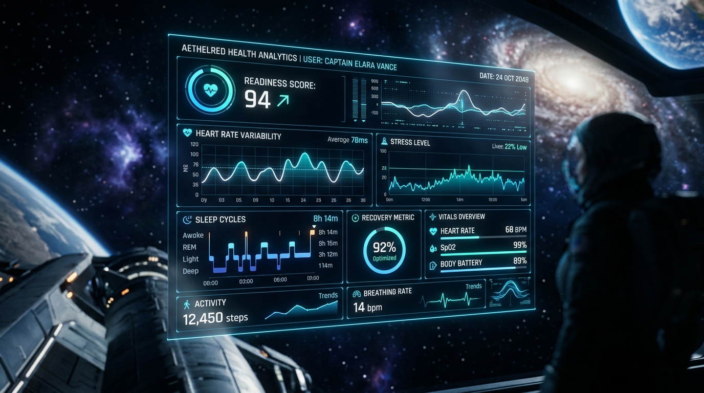 AI Health Dashboard Interpreting HRV and Recovery Metrics AI-powered health dashboard showing readiness score based on heart rate variability and sleep data