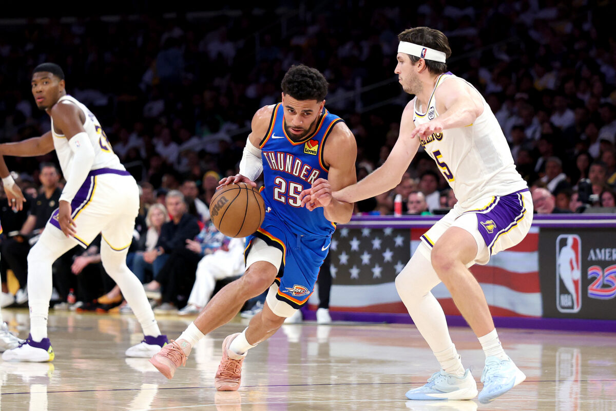 Ajay Mitchell attacks the Lakers defense during Oklahoma City Thunder playoff win