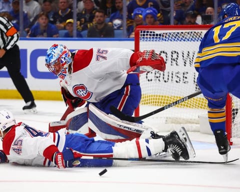 Alex Newhook celebrates overtime goal for Canadiens in Game 7 win over Sabres