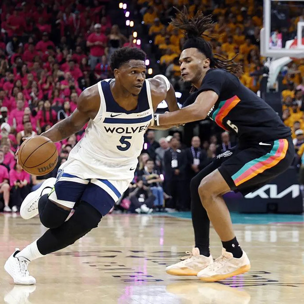 Anthony Edwards reacts during the Timberwolves’ heavy playoff loss to the Spurs in Game 2