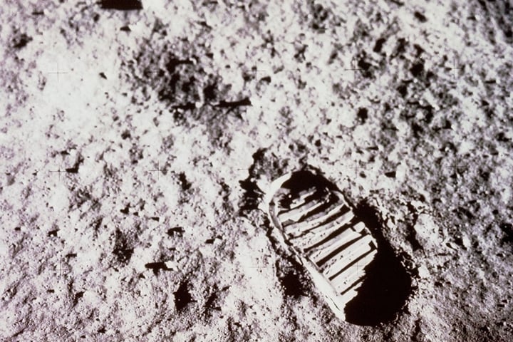 Close-up of Buzz Aldrin's bootprint in lunar regolith during the Apollo 11 Moon landing in 1969