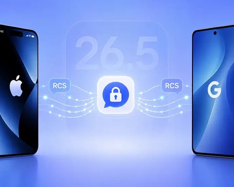 iPhone and Android phones showing encrypted RCS messaging in iOS 26.5 and Google Messages