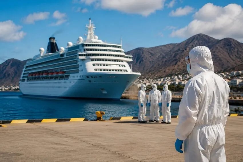 Health workers screening cruise ship passengers for hantavirus infection during emergency evacuation in Canary Islands