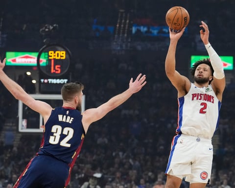 Donovan Mitchell reacts as Cade Cunningham leads the Detroit Pistons past the Cleveland Cavaliers in Game 6 of the 2026 NBA Playoffs