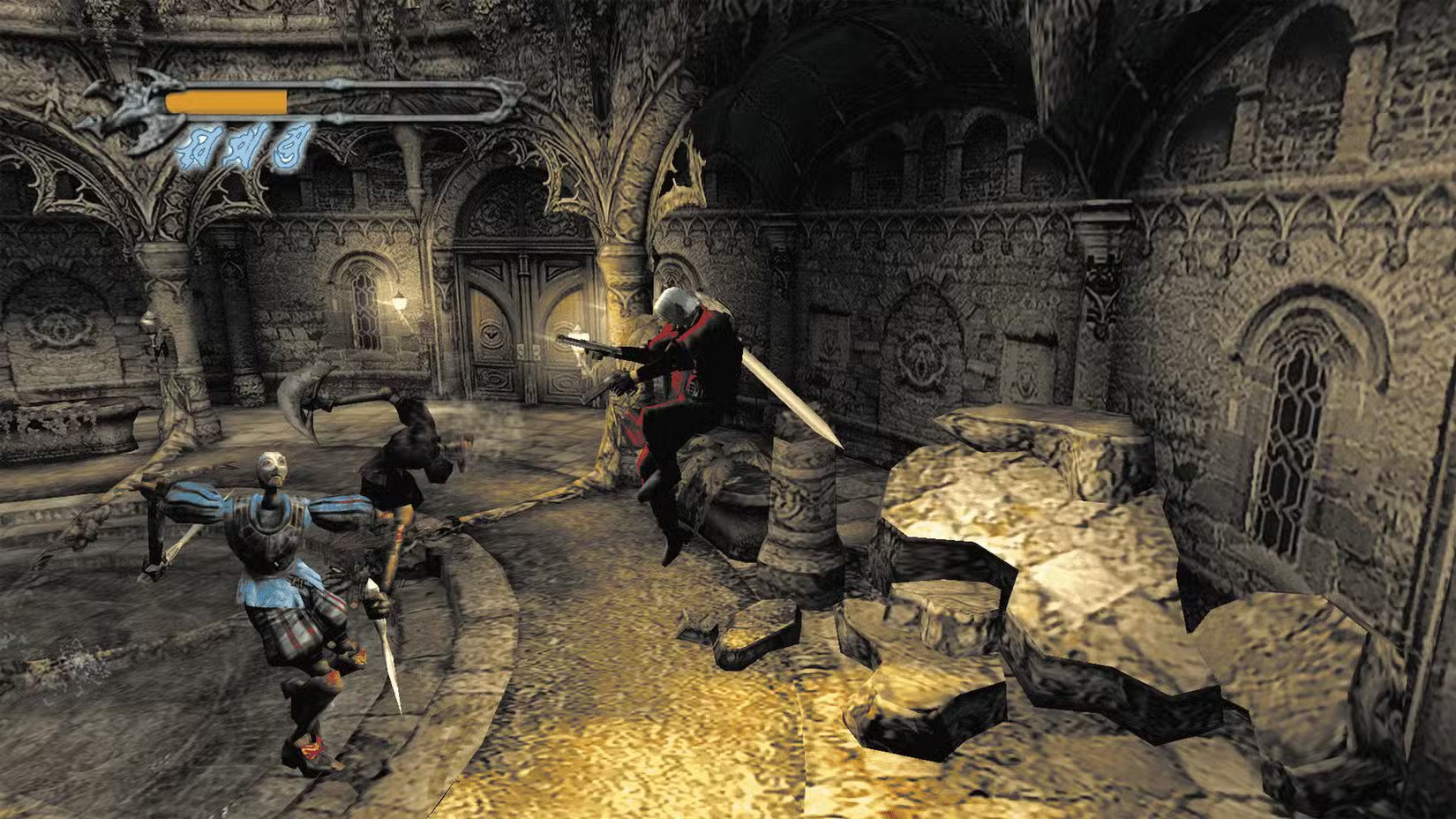 Devil May Cry 1 remake rumor showing Dante in gothic neon city environment with sword